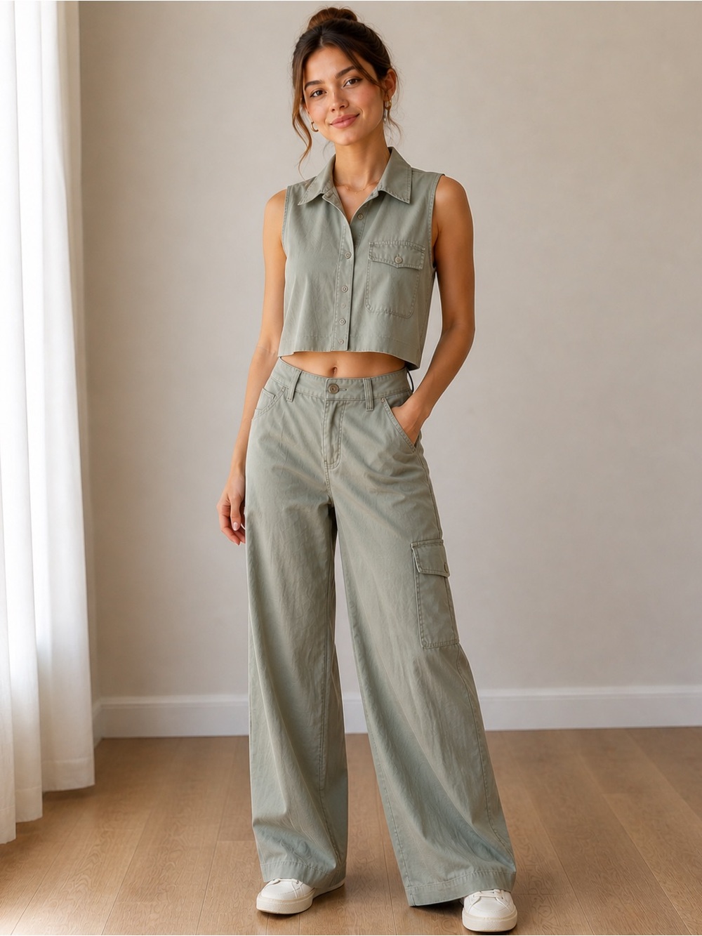 Sleeveless Cropped Shirt & Wide-Leg Cargo Pants Set